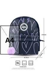 Hype Black & Purple Glitter Scribble Hearts backpack side view showing padded straps and pockets