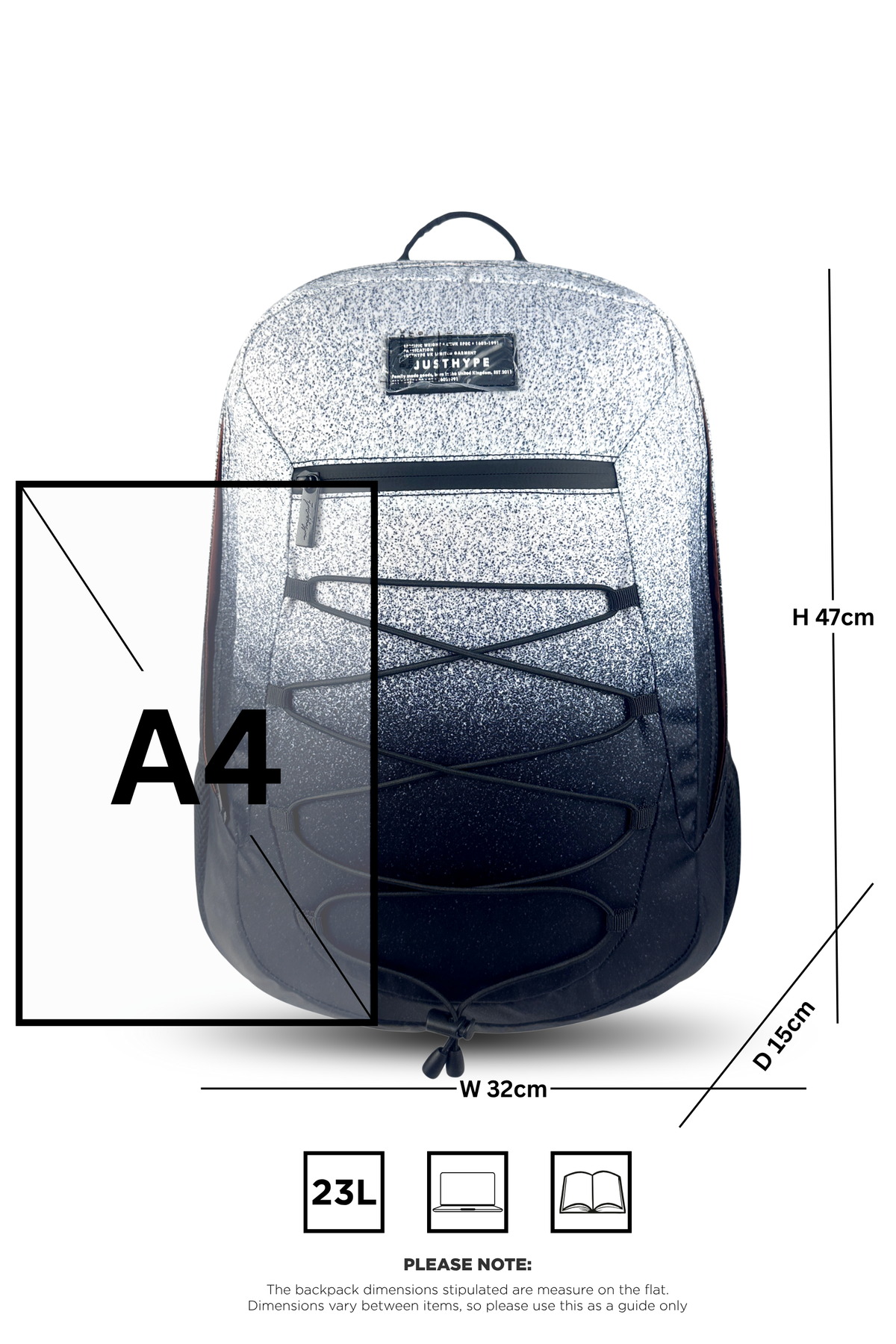Hype Black & White Speckle Fade backpack side view showing padded straps and pockets