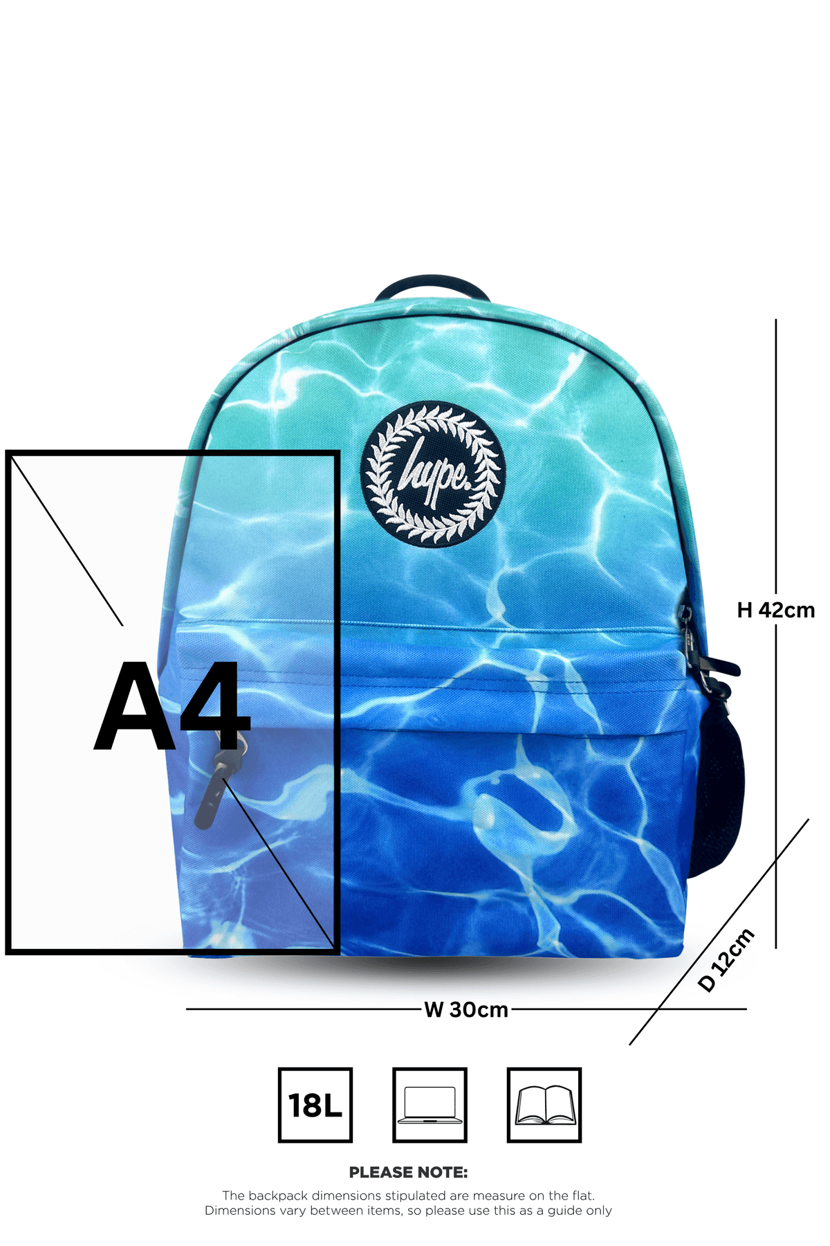 Hype Blue Pool Fade backpack side view showing padded straps and pockets