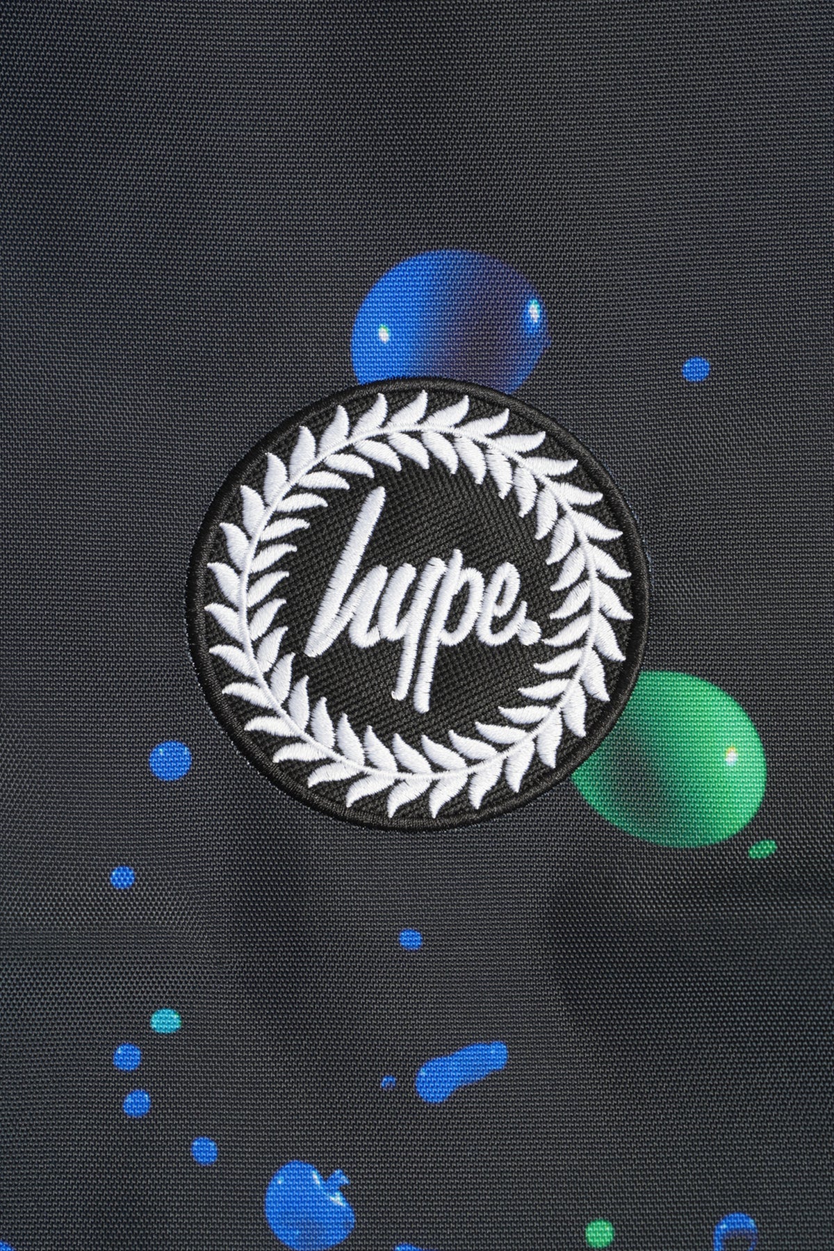 Hype Black 3D Droplets drawstring bag — close-up of logo and design details