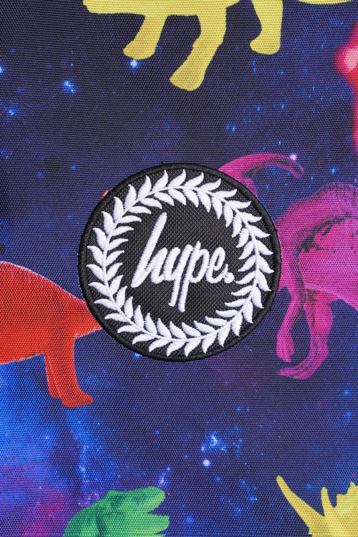 Hype Space Dinosaur drawstring bag — close-up of logo and design details