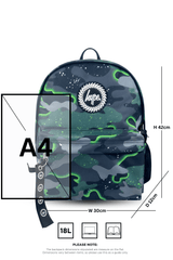 Hype Green Glow Camo backpack side view showing padded straps and pockets
