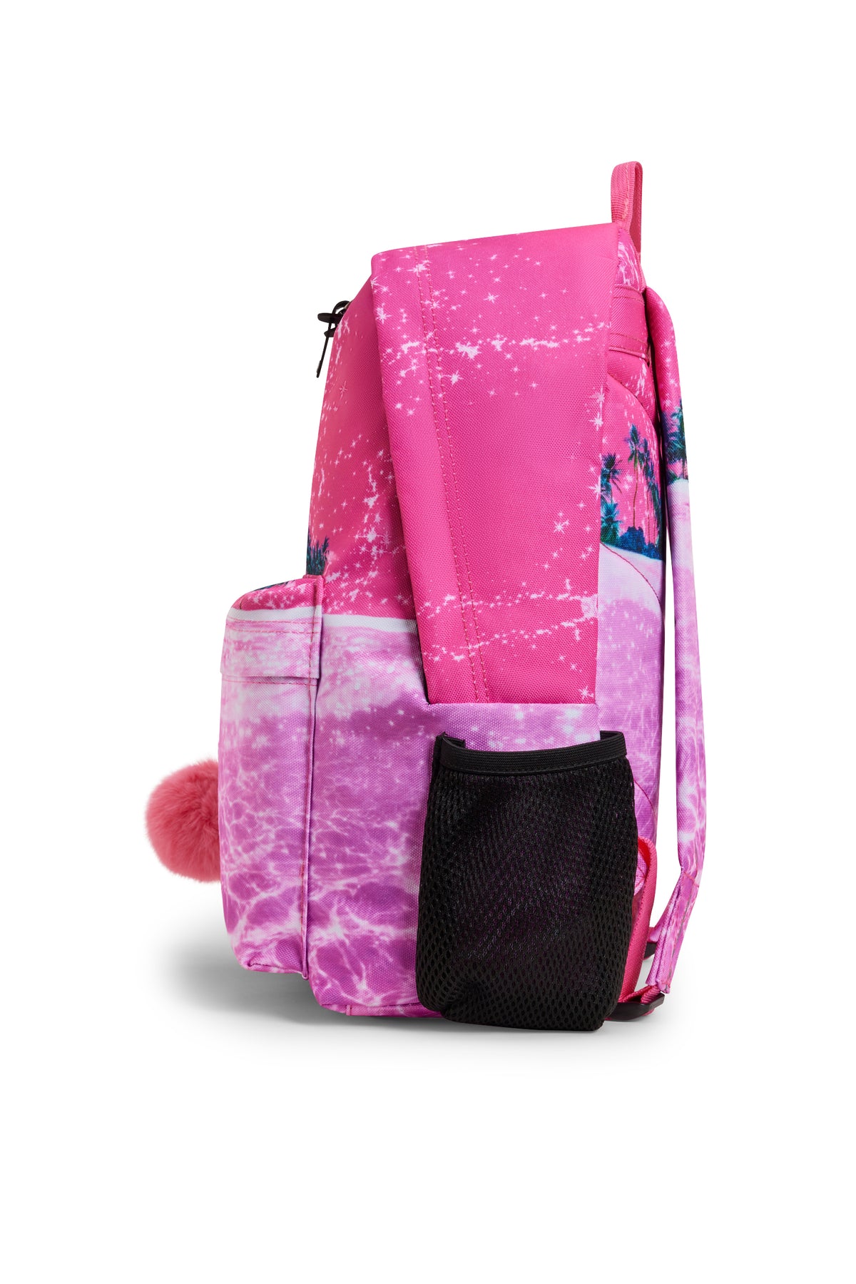 Hype Pink Palms backpack side view showing padded straps and pockets