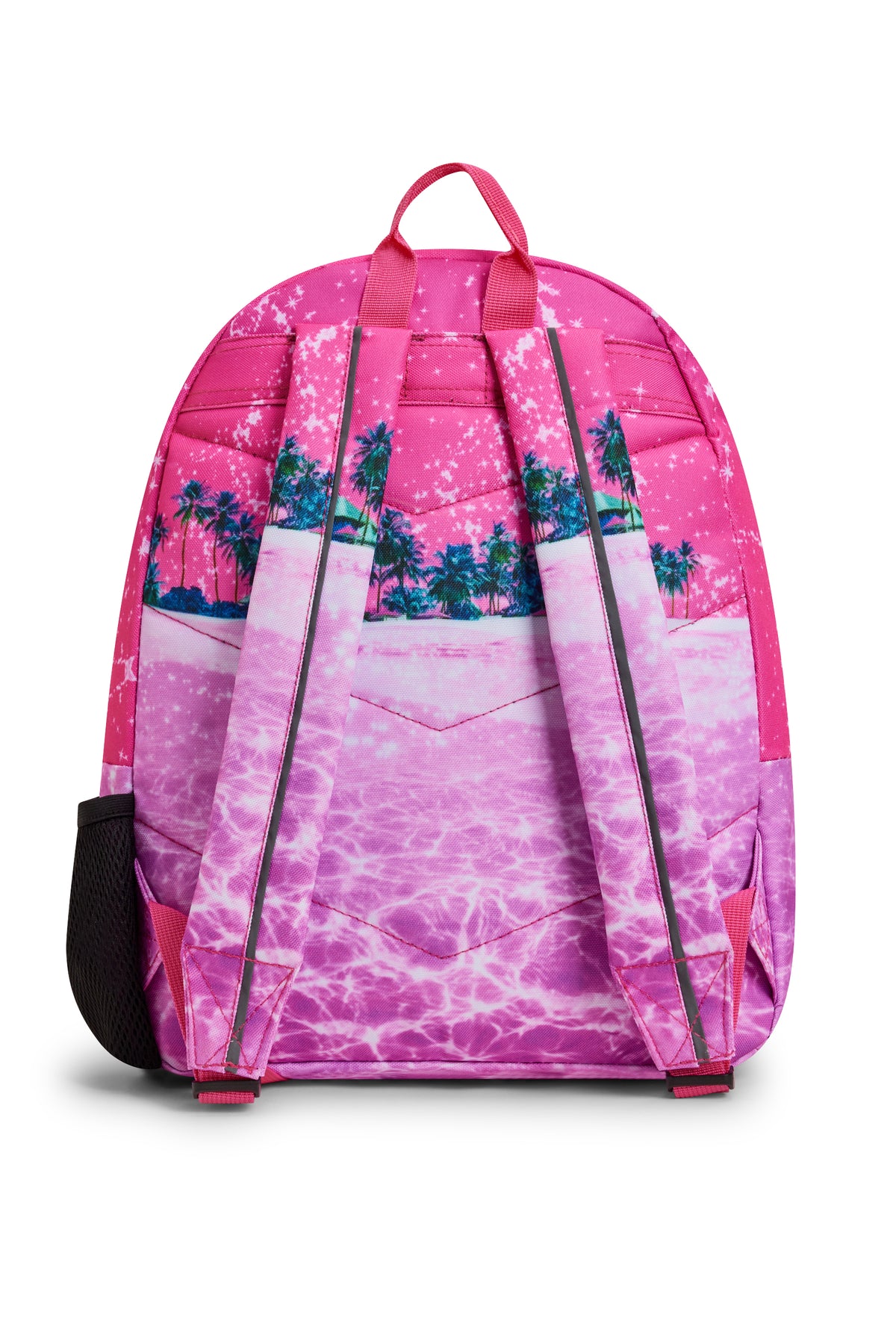 Hype Pink Palms backpack interior — main compartment and front pocket detail