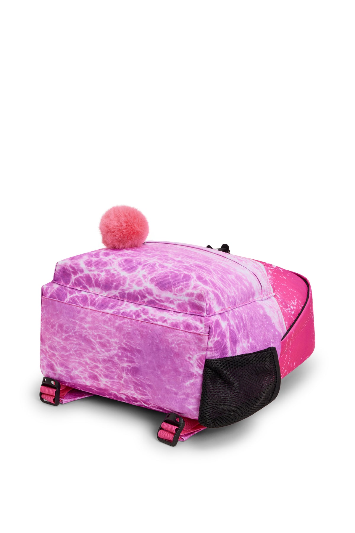 Hype Pink Palms backpack — colour and design detail from above