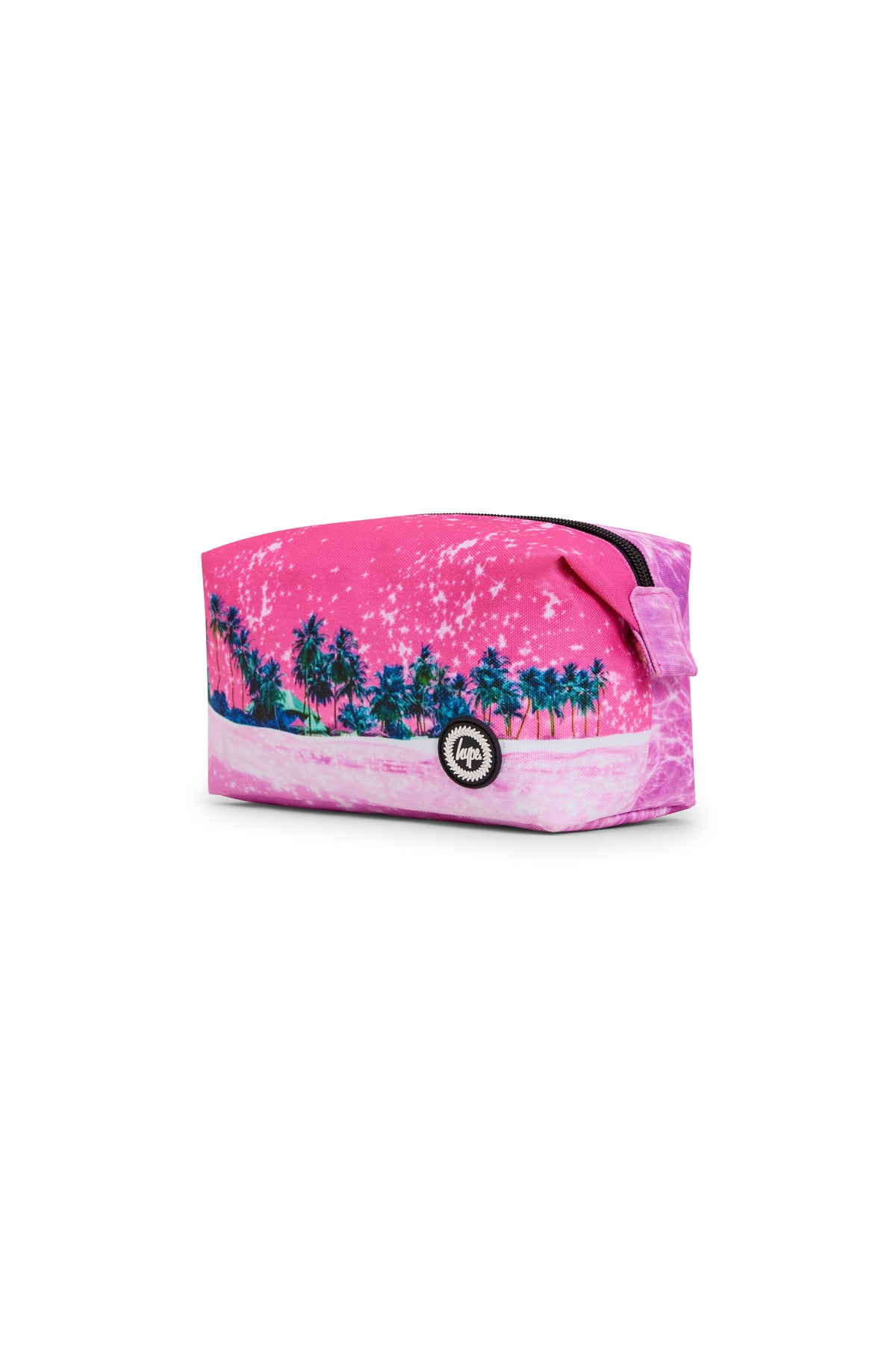 Hype Pink Palms pencil case front view — vibrant print and durable build