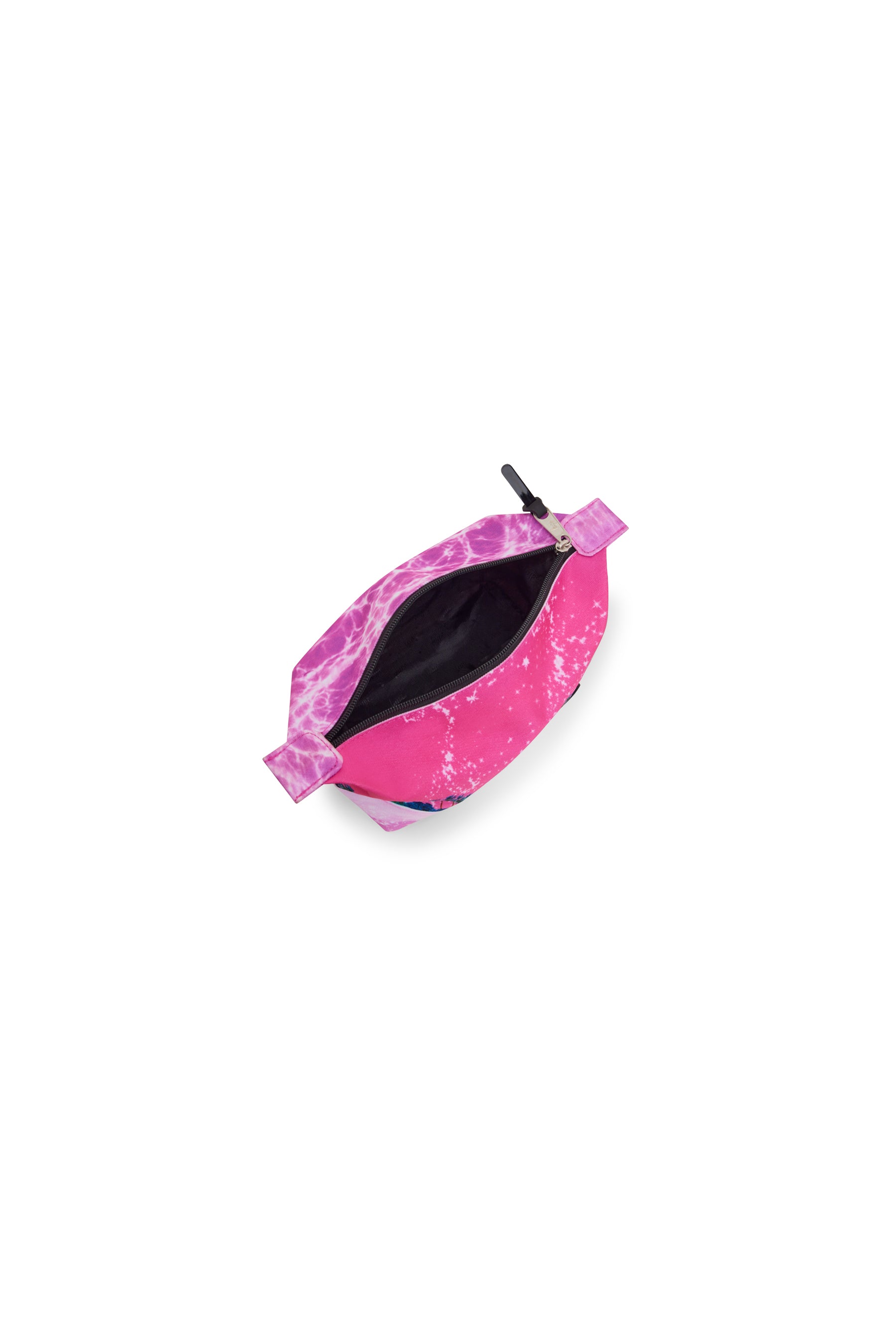 Hype Pink Palms pencil case — colour and design detail from above