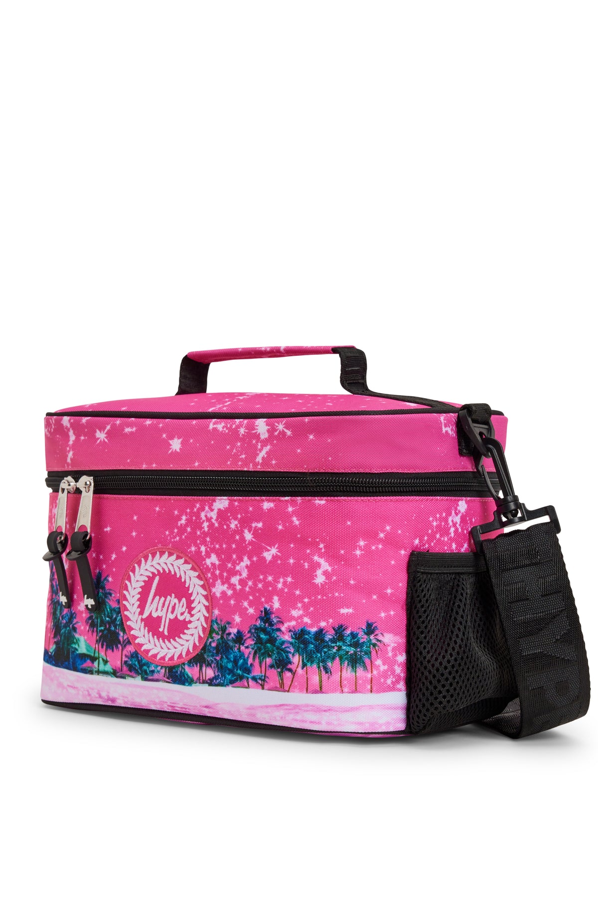 Hype Pink Palms insulated lunch bag front view — vibrant print and durable build