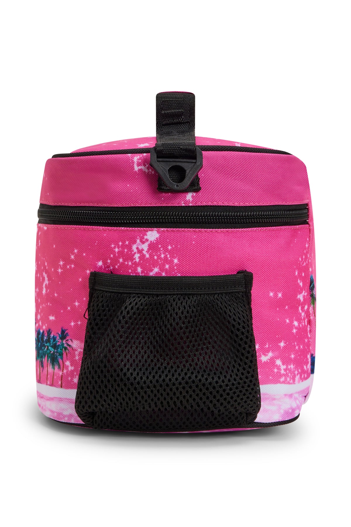 Hype Pink Palms insulated lunch bag — open showing insulated interior and compartments