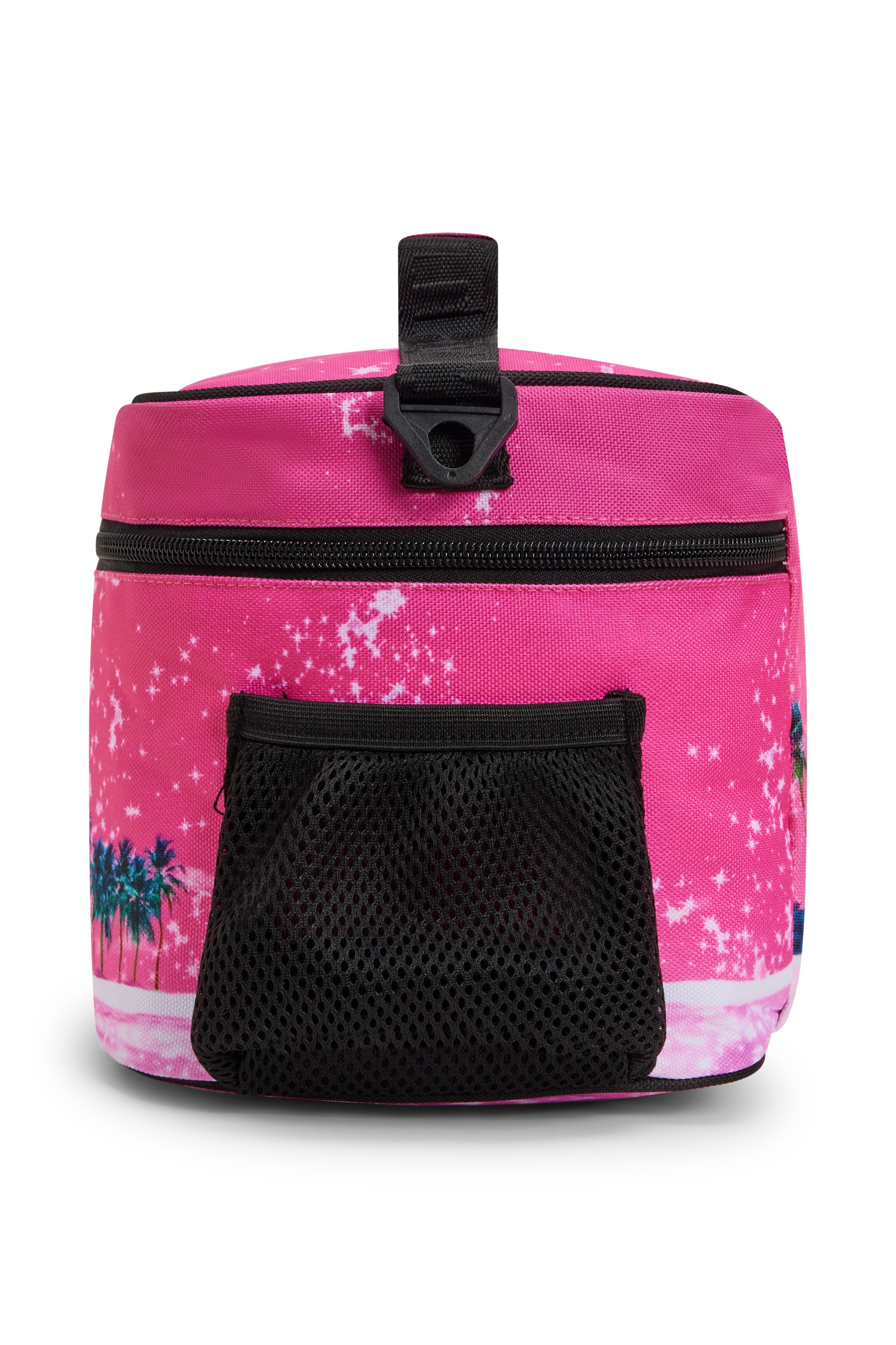 Hype Pink Palms insulated lunch bag — open showing insulated interior and compartments