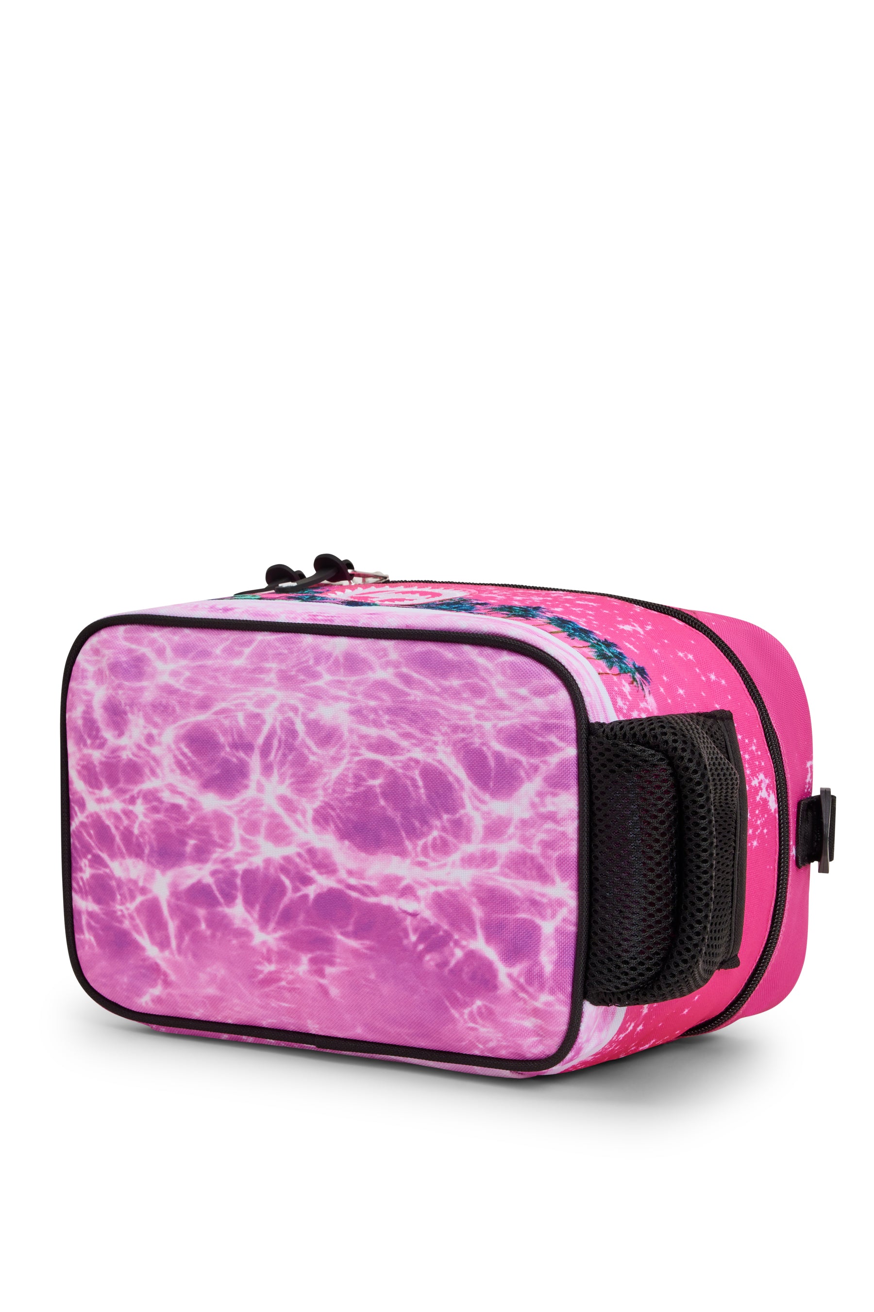 Hype Pink Palms insulated lunch bag — colour and design detail from above