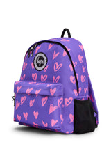 Hype Purple & Pink Scribble Heart backpack front view — vibrant print and durable build