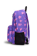 Hype Purple & Pink Scribble Heart backpack side view showing padded straps and pockets