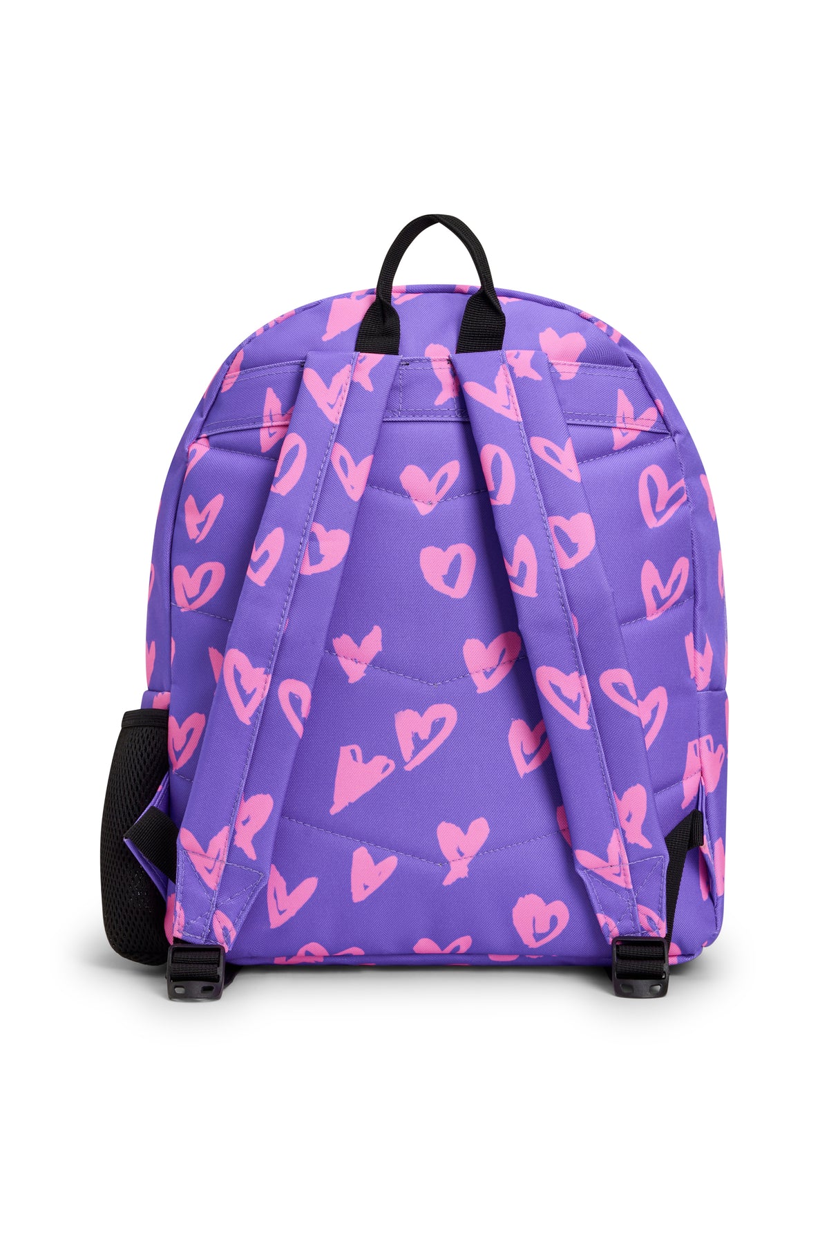 Hype Purple & Pink Scribble Heart backpack interior — main compartment and front pocket detail
