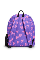 Hype Purple & Pink Scribble Heart backpack interior — main compartment and front pocket detail