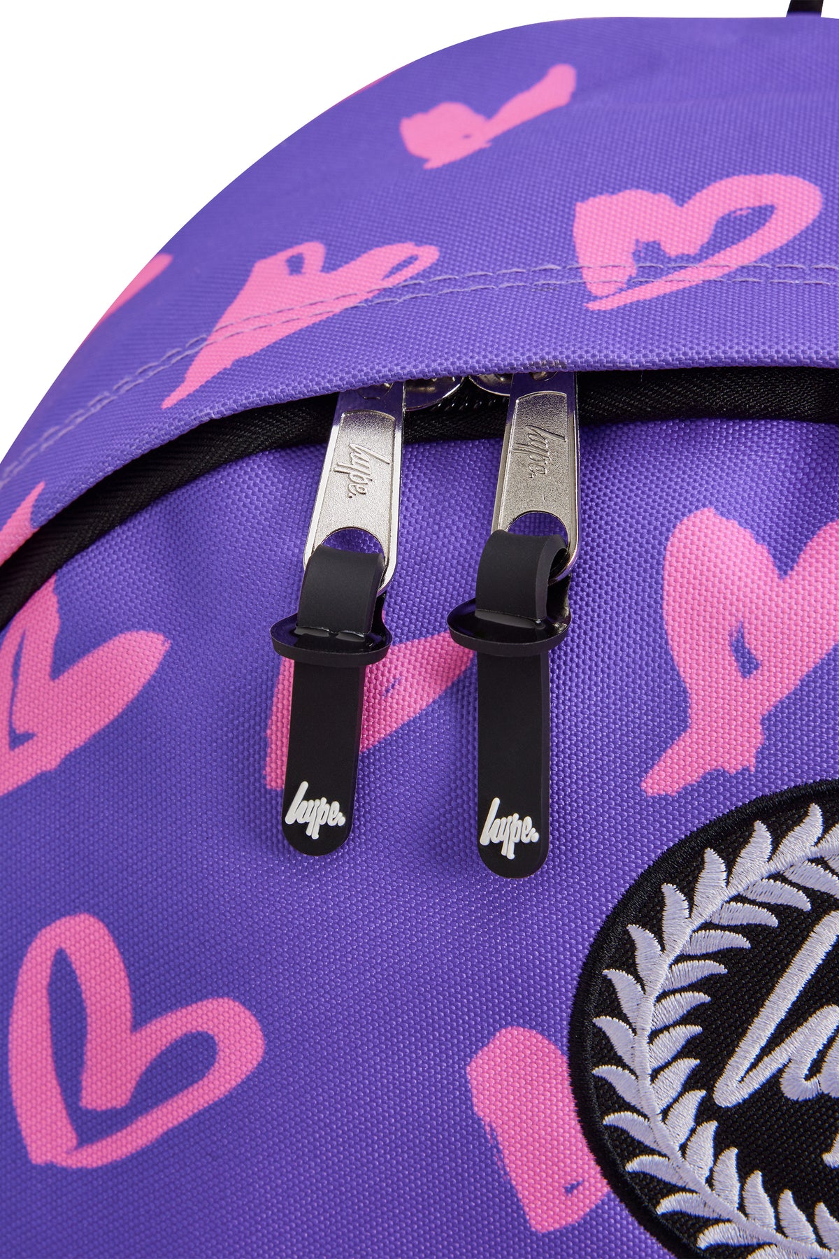 Hype Purple & Pink Scribble Heart backpack — padded back panel and adjustable straps