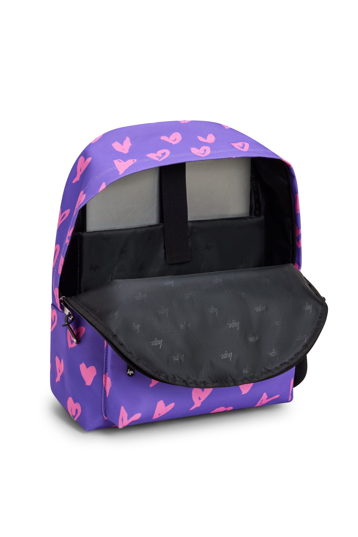 Hype Purple & Pink Scribble Heart backpack — durable materials built for daily school life