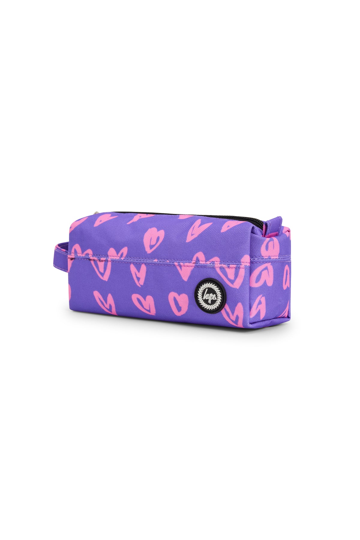 Hype Purple & Pink Scribble Heart pencil case front view — vibrant print and durable build
