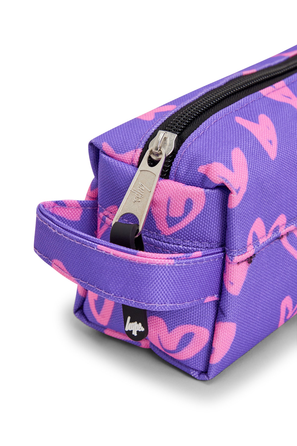 Hype Purple & Pink Scribble Heart pencil case lifestyle shot — school-ready and on-trend