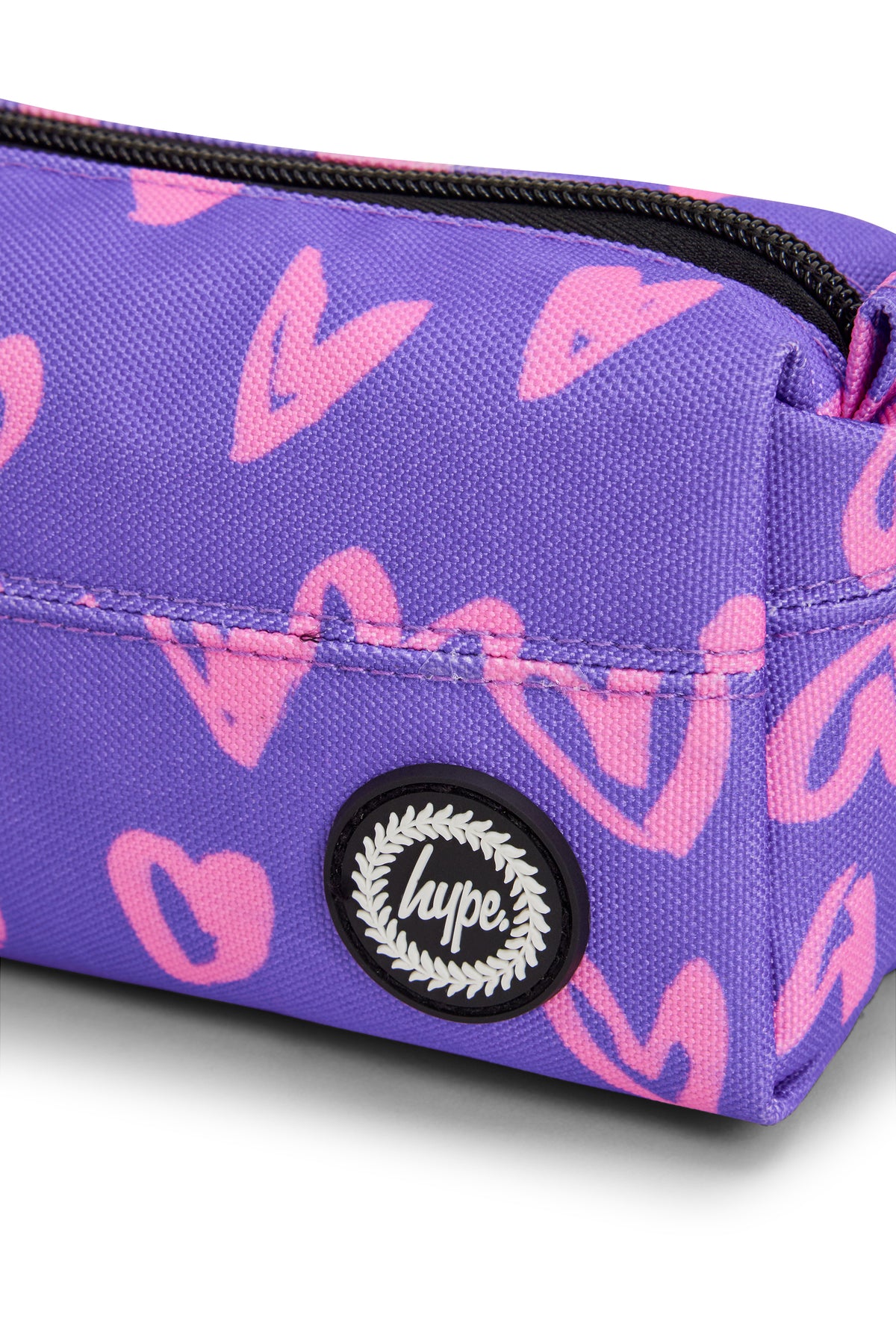 Hype Purple & Pink Scribble Heart pencil case — bold colour and print from every angle