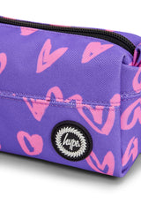 Hype Purple & Pink Scribble Heart pencil case — bold colour and print from every angle