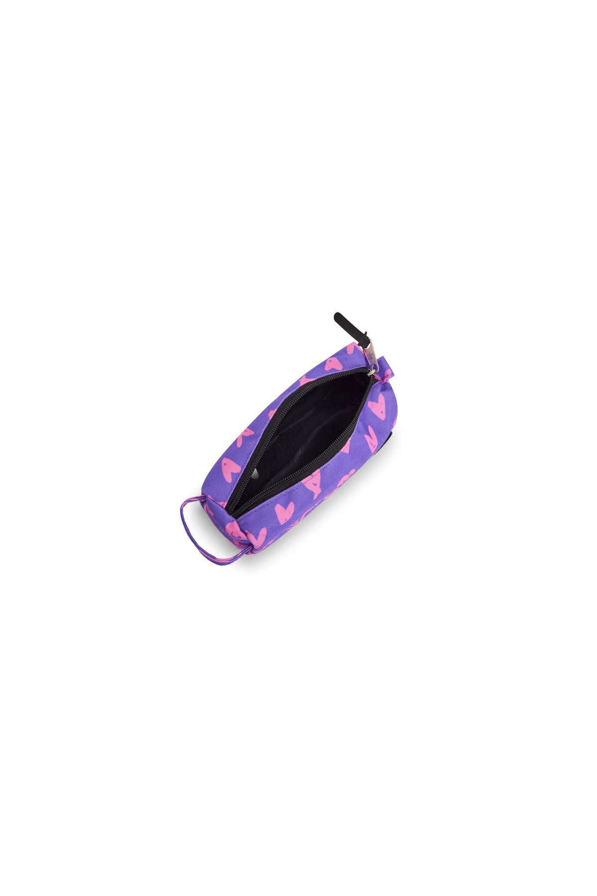 Hype Purple & Pink Scribble Heart pencil case — colour and design detail from above