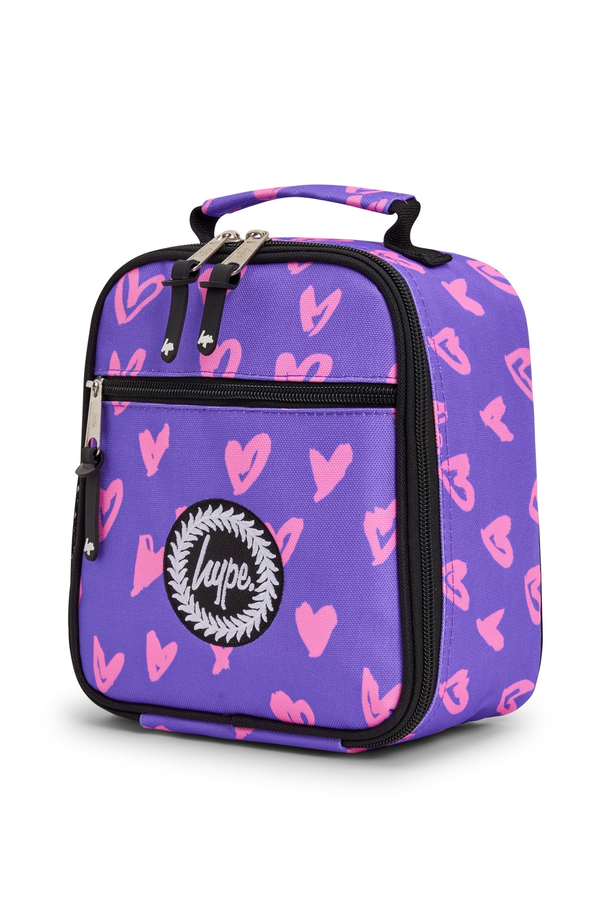 Hype Purple & Pink Scribble Heart insulated lunch bag front view — vibrant print and durable build