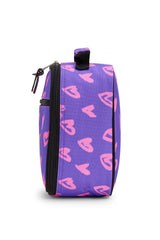 Hype Purple & Pink Scribble Heart insulated lunch bag — open showing insulated interior and...