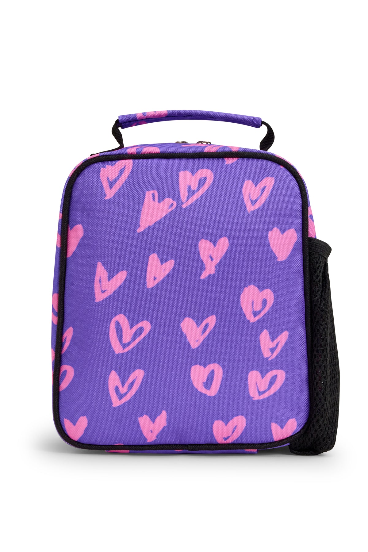 Hype Purple & Pink Scribble Heart insulated lunch bag — close-up of logo and design details