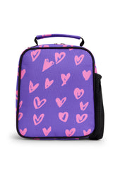 Hype Purple & Pink Scribble Heart insulated lunch bag — close-up of logo and design details