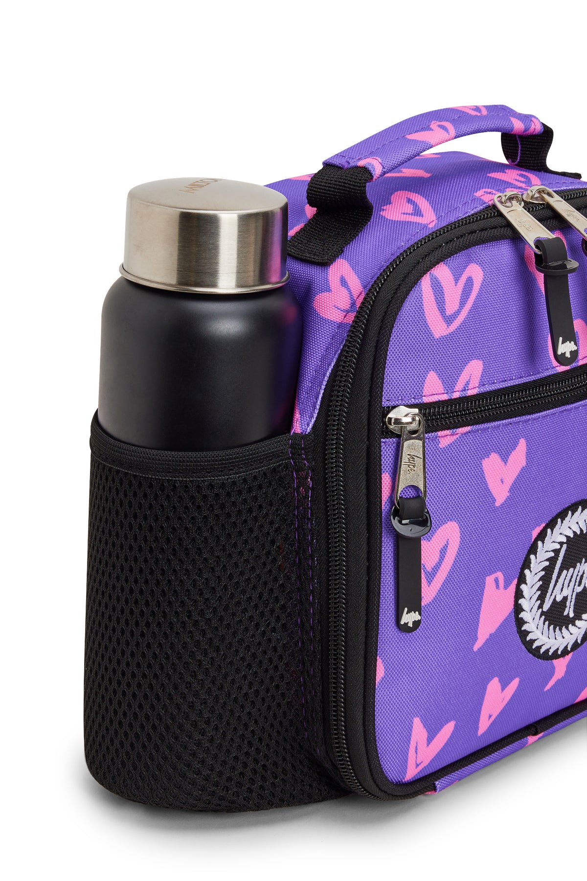 Hype Purple & Pink Scribble Heart insulated lunch bag — dimensions and size reference for school use