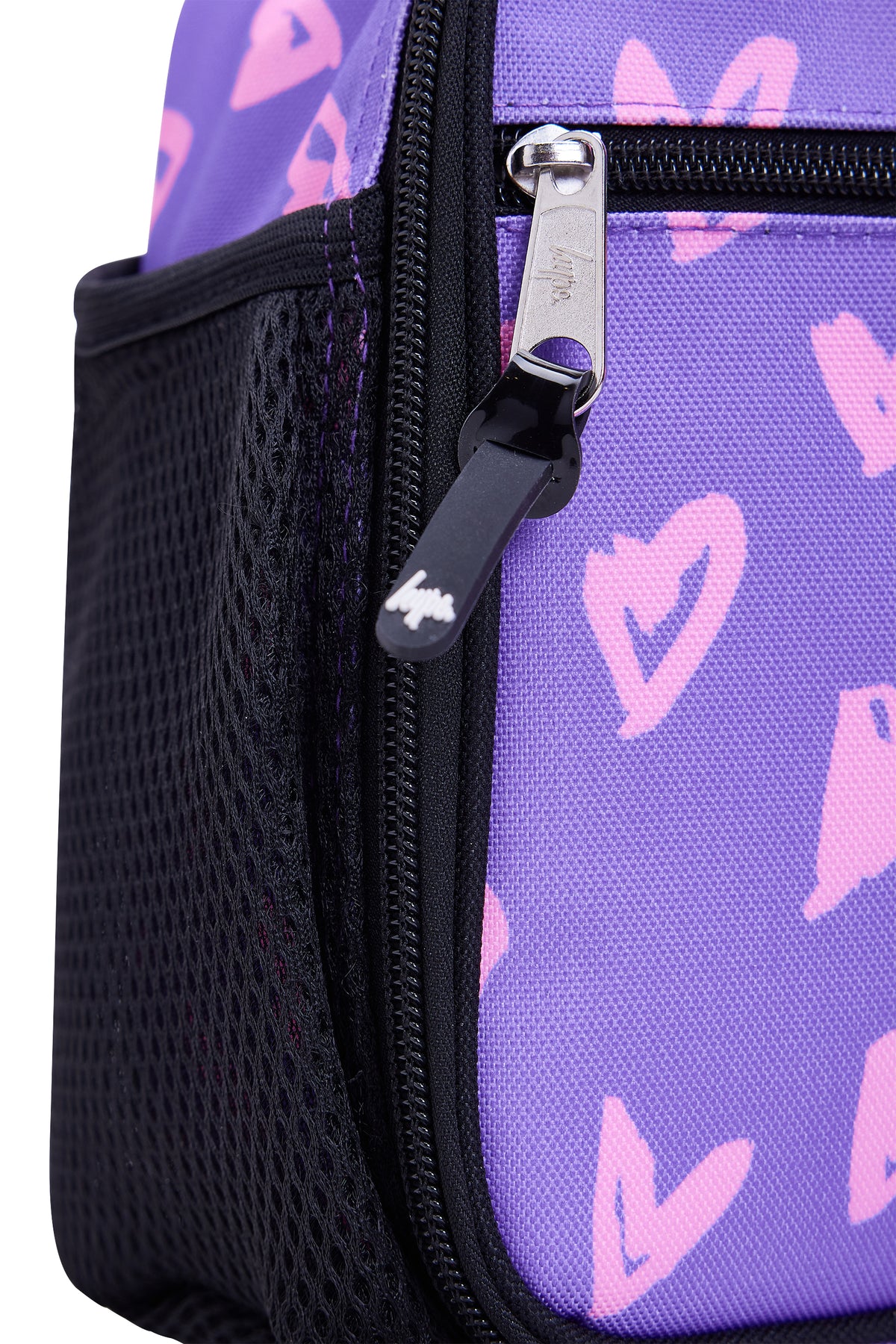 Hype Purple & Pink Scribble Heart insulated lunch bag — bold colour and print from every angle