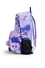 Hype Purple Floral Doodle backpack side view showing padded straps and pockets