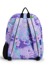 Hype Purple Floral Doodle backpack interior — main compartment and front pocket detail