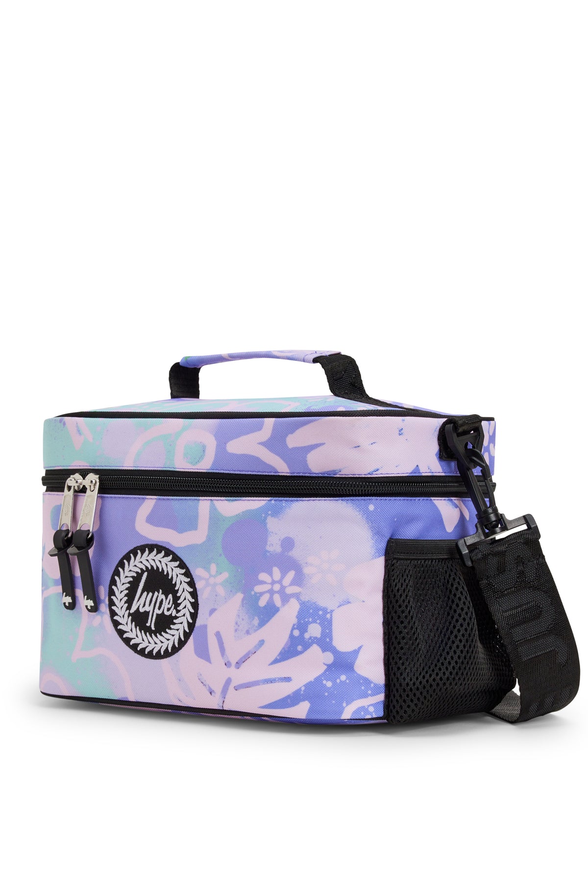Hype Purple Floral Doodle insulated lunch bag front view — vibrant print and durable build