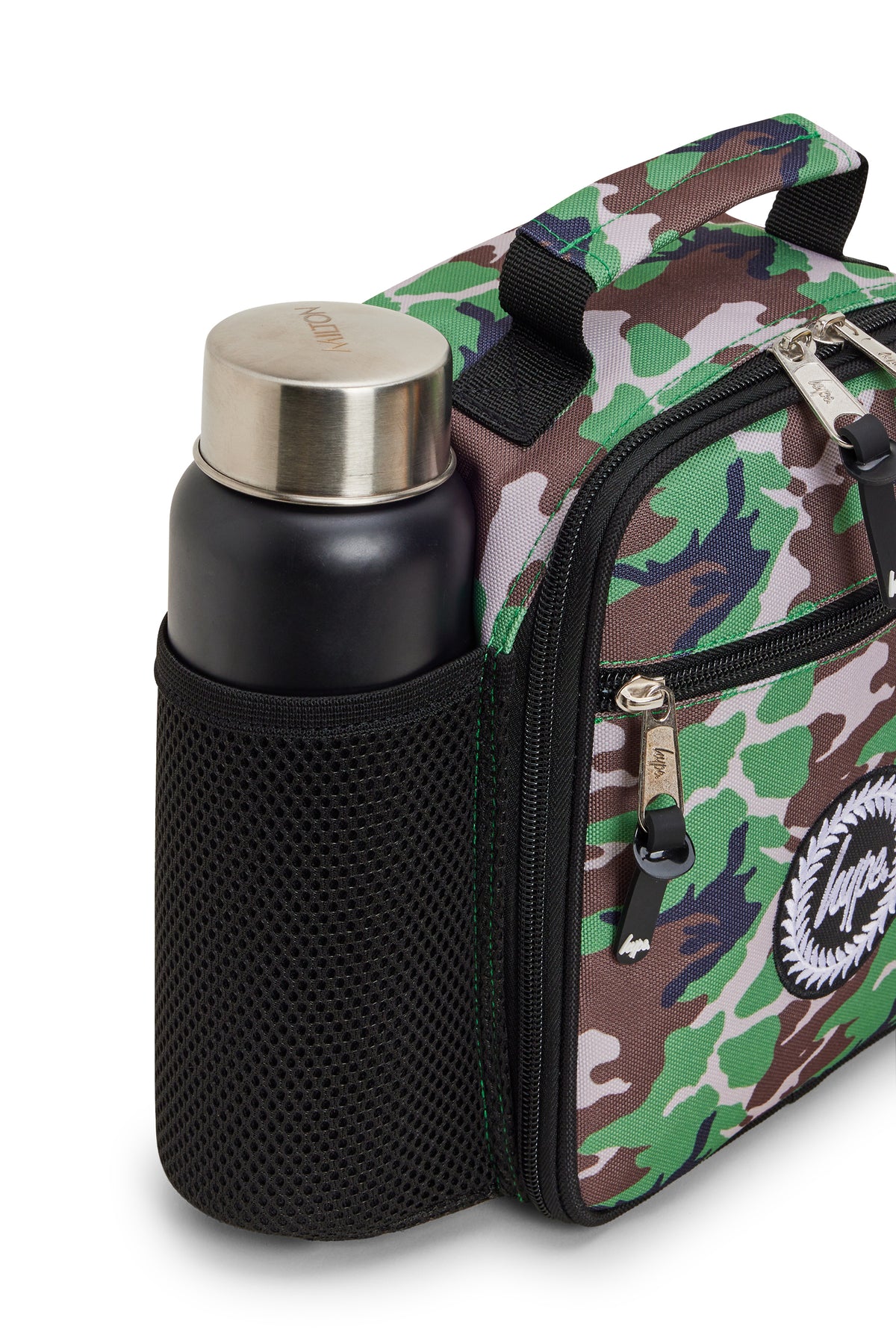 Hype Camo Crest insulated lunch bag lifestyle shot — school-ready and on-trend