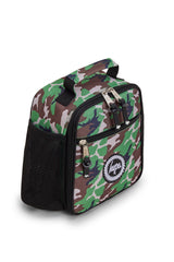 Hype Camo Crest insulated lunch bag — bold colour and print from every angle