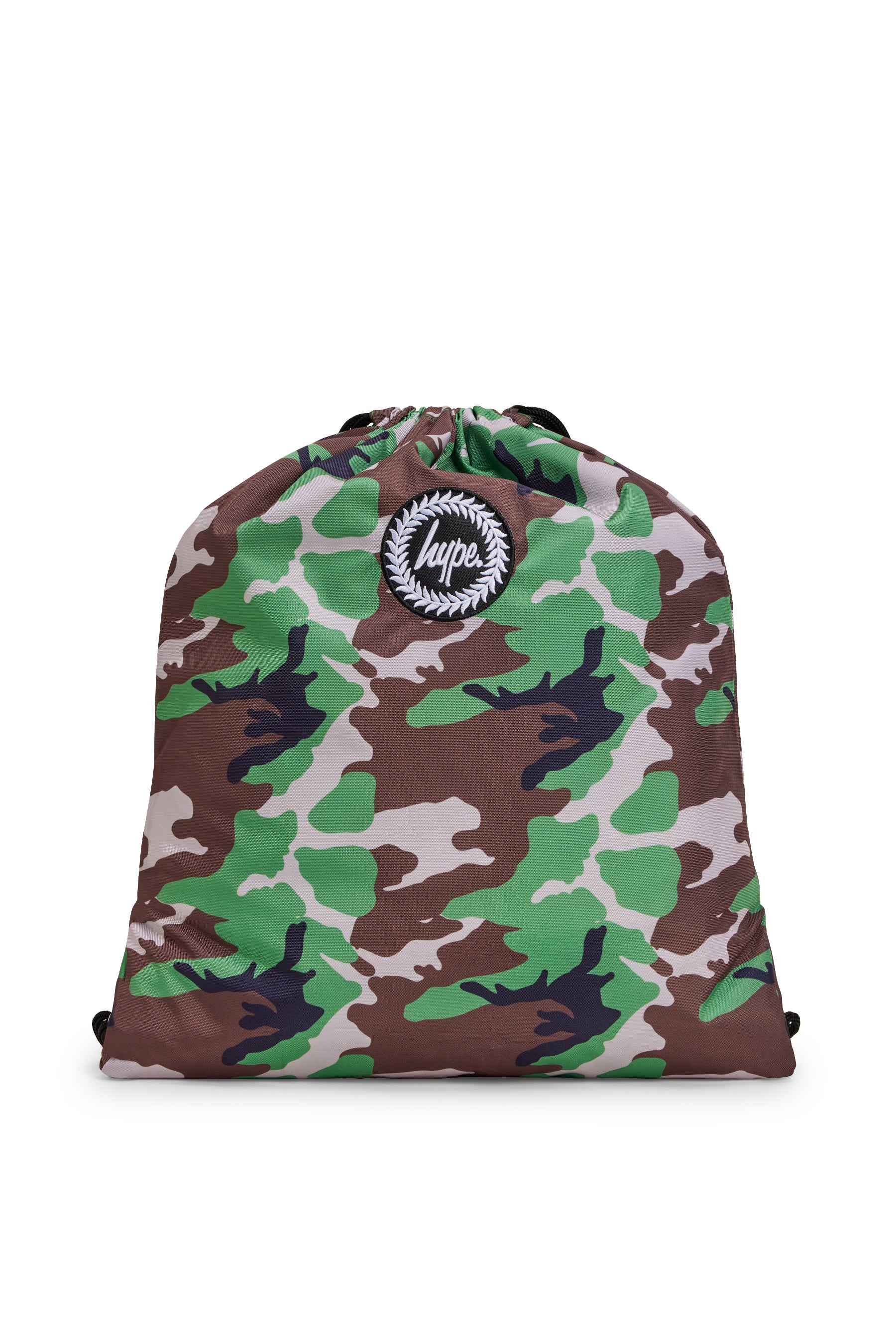 Hype Camo Crest drawstring bag — detail view of print and material quality
