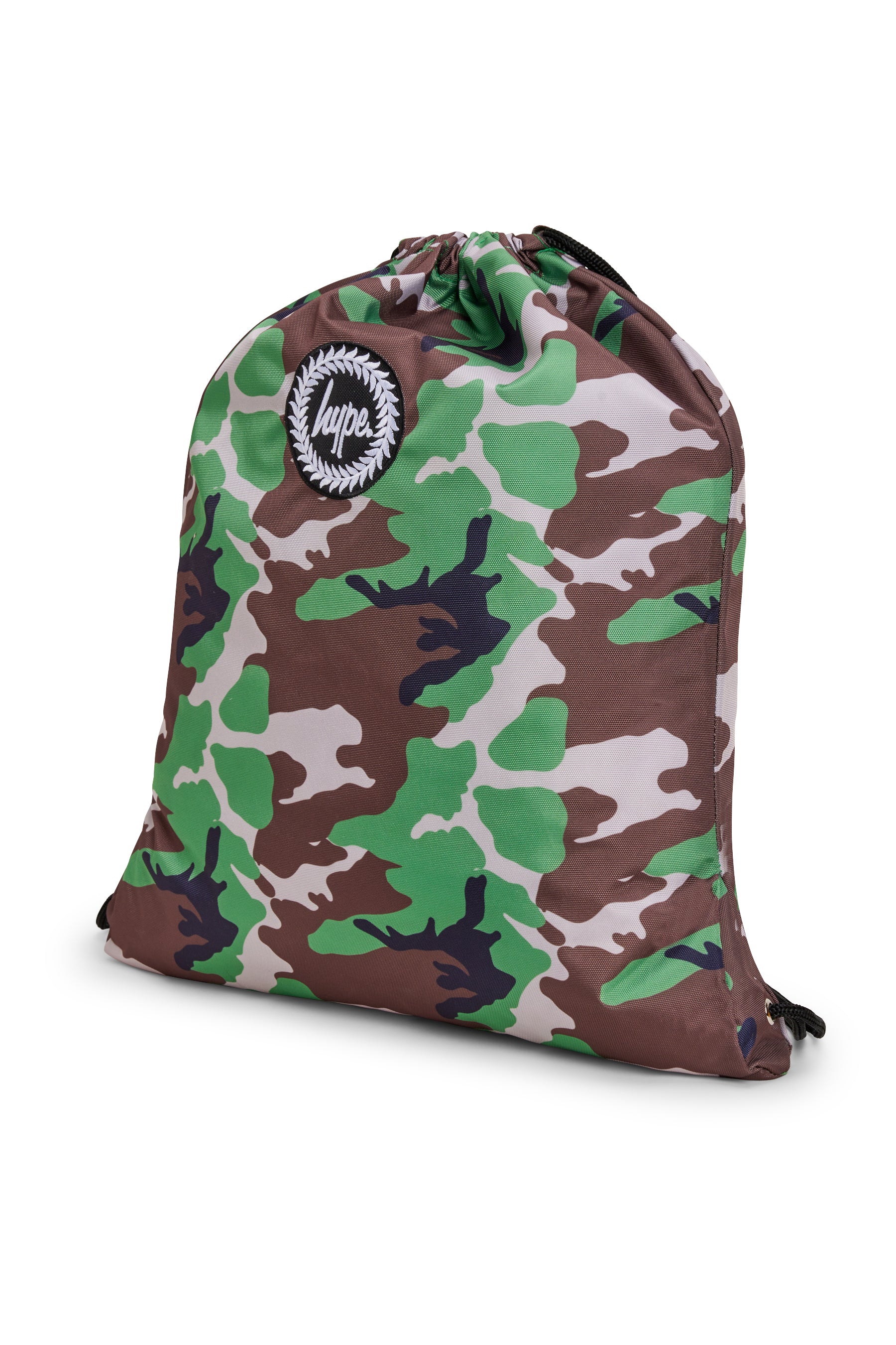 Hype Camo Crest drawstring bag — close-up of logo and design details