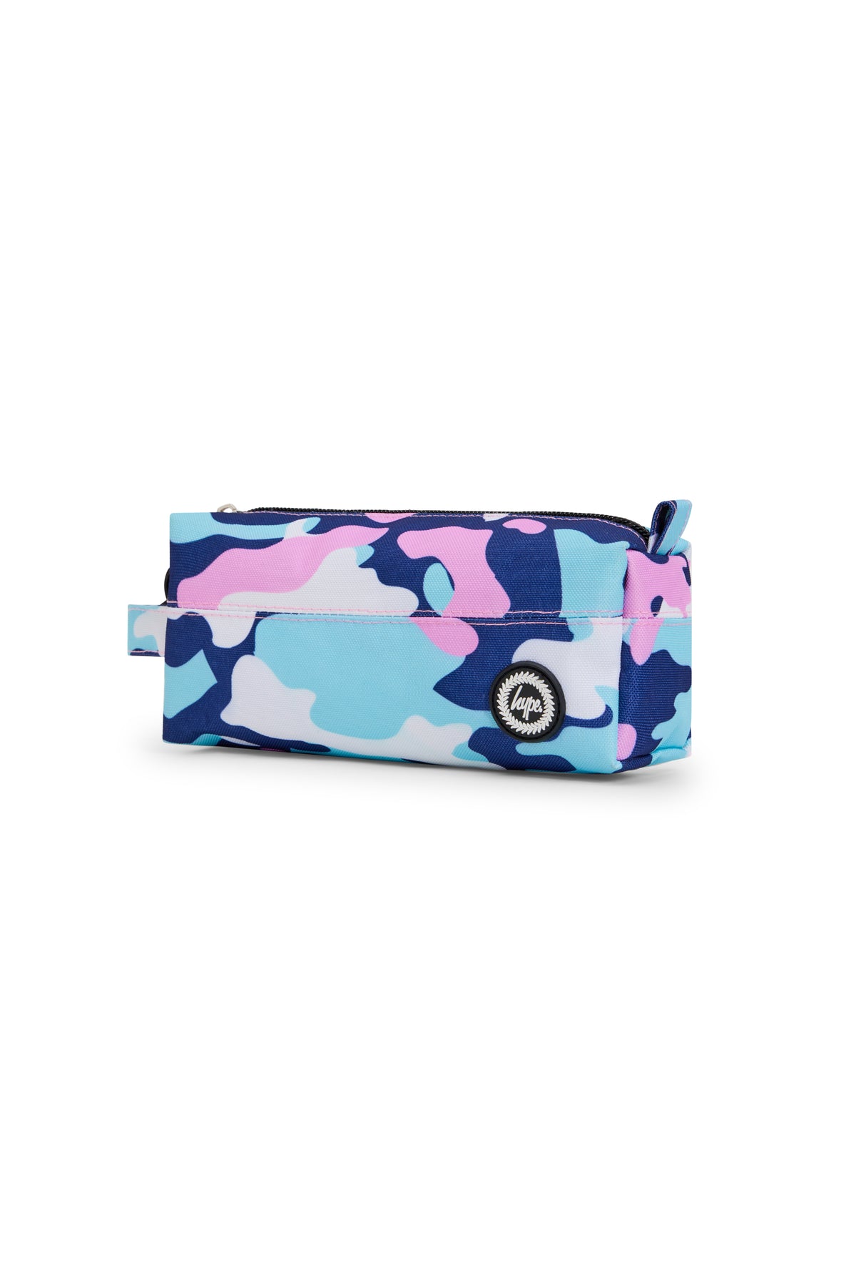 Hype Pink & Blue Evie Camo pencil case front view — vibrant print and durable build