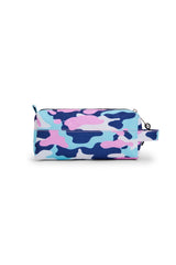 Hype Pink & Blue Evie Camo pencil case — close-up of logo and design details