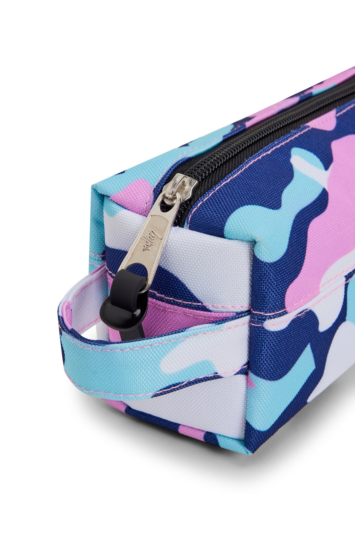 Hype Pink & Blue Evie Camo pencil case lifestyle shot — school-ready and on-trend
