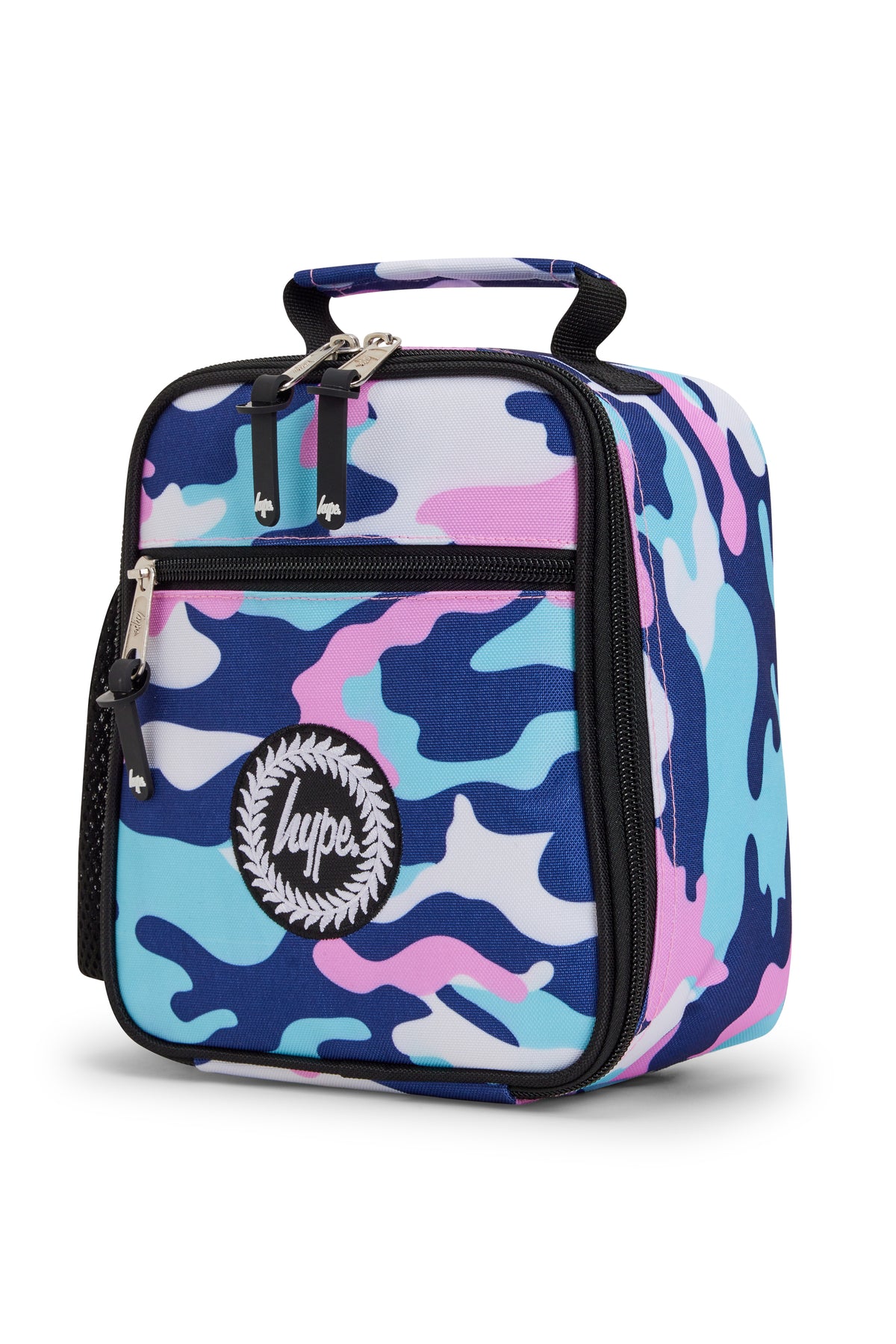 Hype Pink & Blue Evie Camo insulated lunch bag front view — vibrant print and durable build