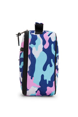 Hype Pink & Blue Evie Camo insulated lunch bag — open showing insulated interior and compartments