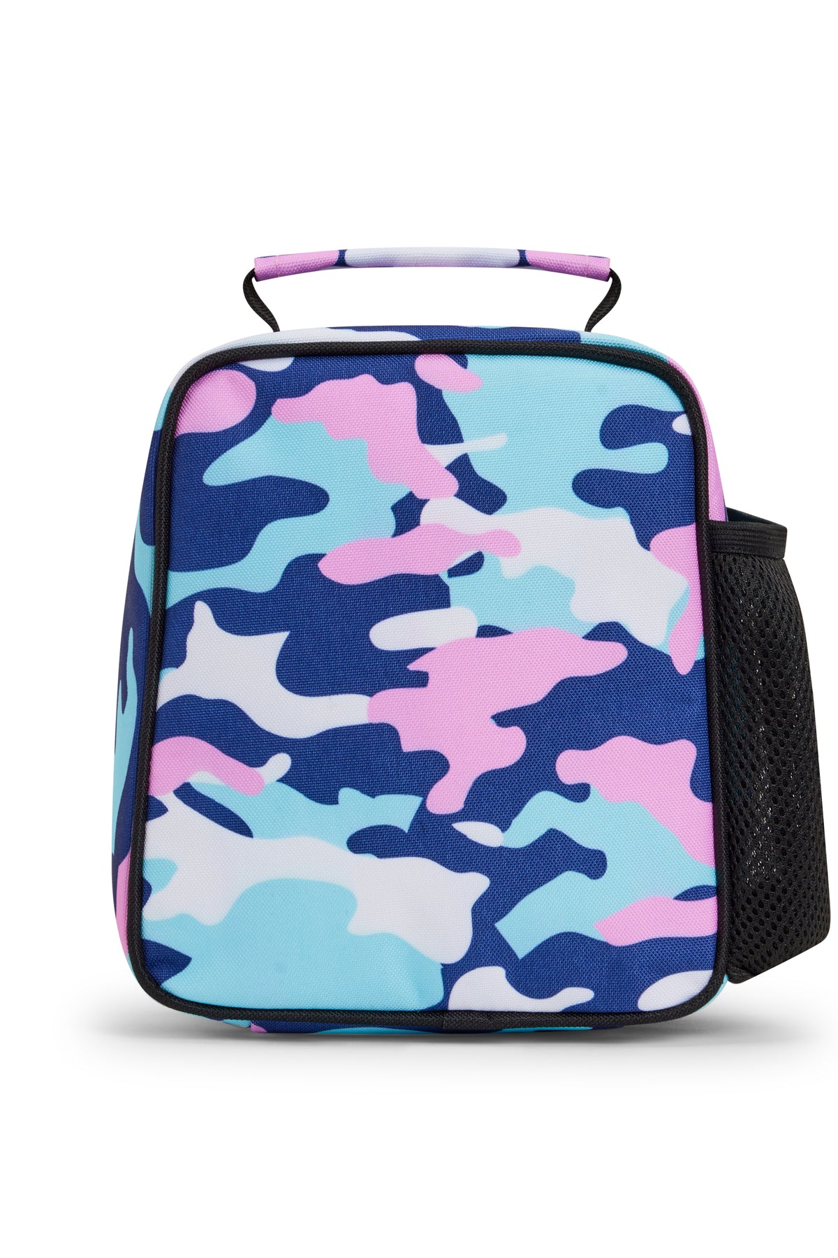 Hype Pink & Blue Evie Camo insulated lunch bag — close-up of logo and design details