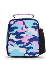 Hype Pink & Blue Evie Camo insulated lunch bag — close-up of logo and design details