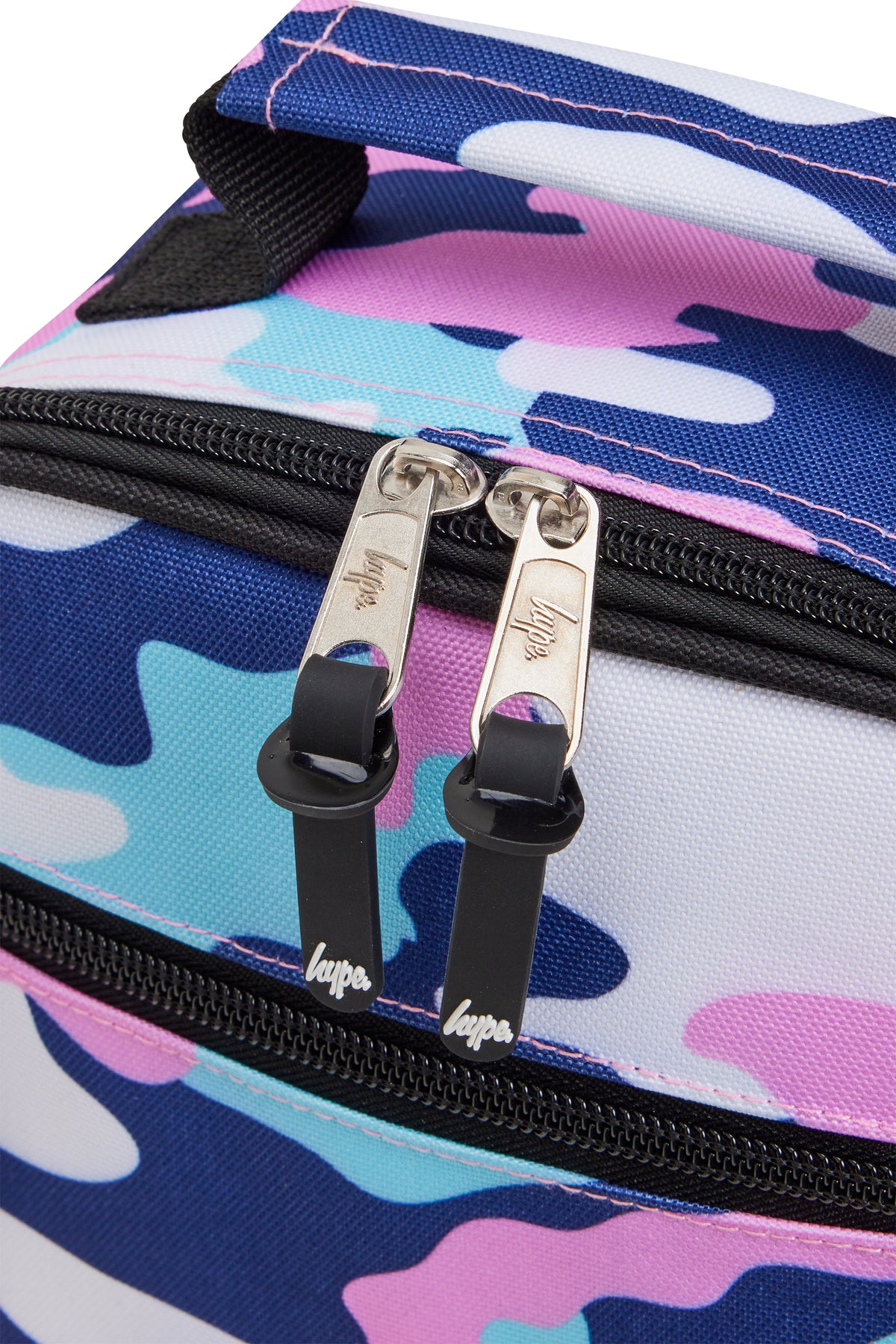 Hype Pink & Blue Evie Camo insulated lunch bag lifestyle shot — school-ready and on-trend