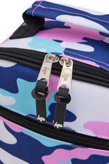 Hype Pink & Blue Evie Camo insulated lunch bag lifestyle shot — school-ready and on-trend