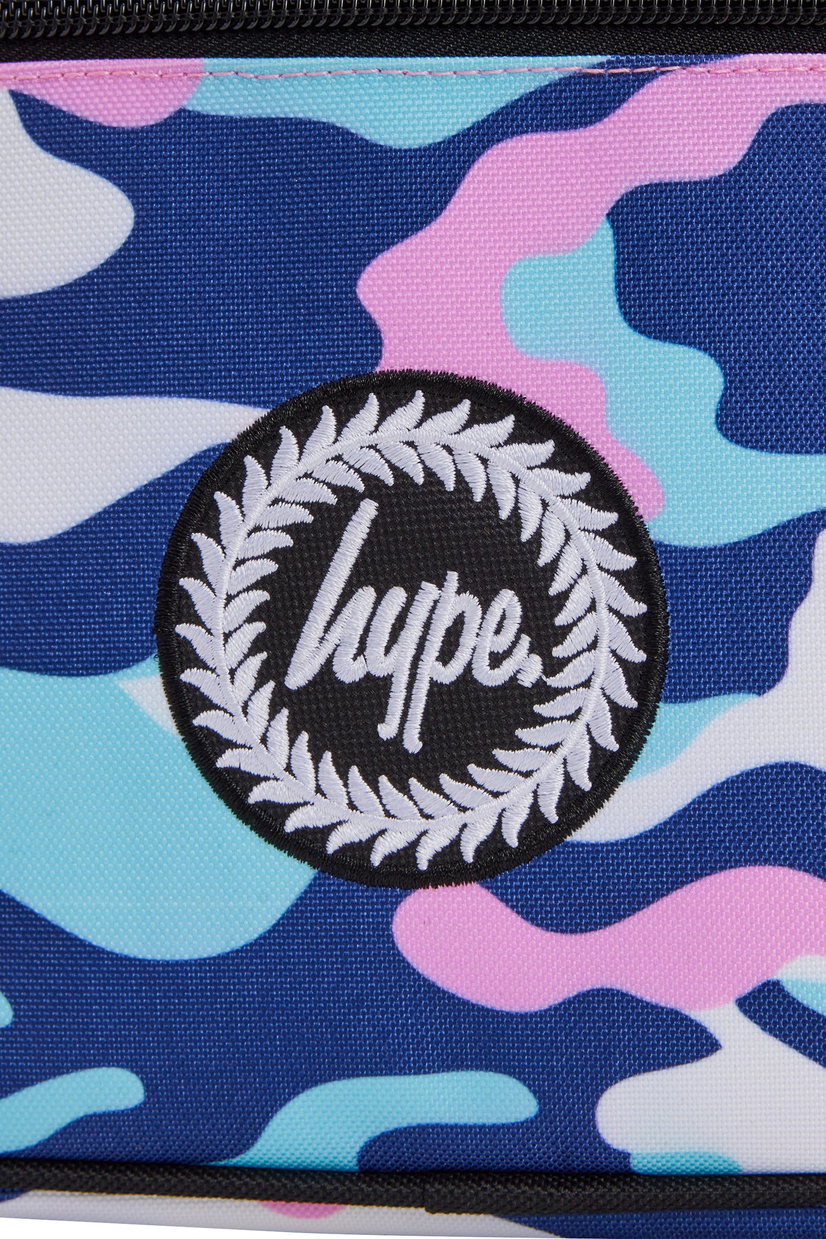 Hype Pink & Blue Evie Camo insulated lunch bag — bold colour and print from every angle