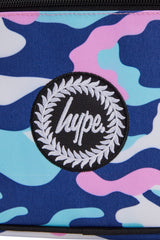 Hype Pink & Blue Evie Camo insulated lunch bag — bold colour and print from every angle